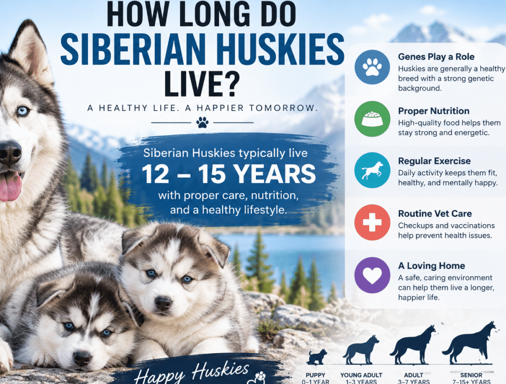 Healthy adult Siberian Husky with blue eyes standing in snow, illustrating how long do Siberian Huskies live