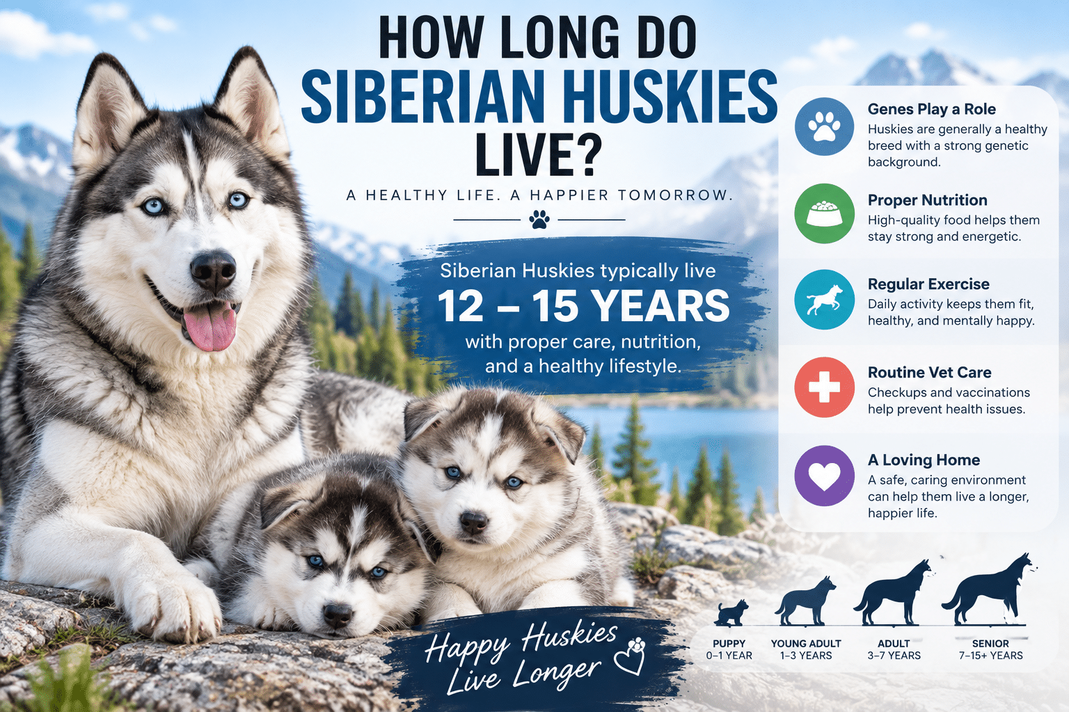 Healthy adult Siberian Husky with blue eyes standing in snow, illustrating how long do Siberian Huskies live