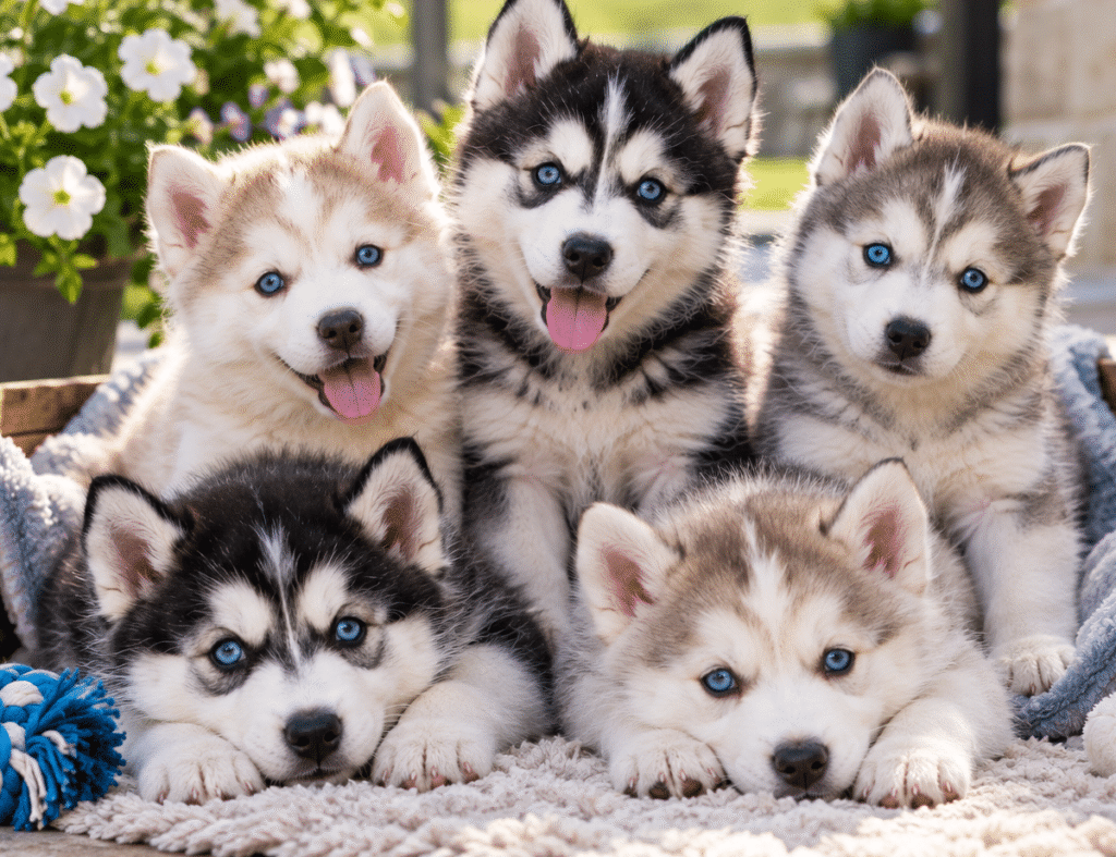 Siberian Husky puppy sitting beside a calculator and receipts, illustrating dog husky cost