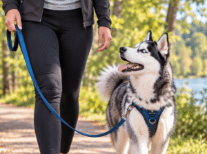 Owner practicing loose leash walking with Siberian Husky on a park trail