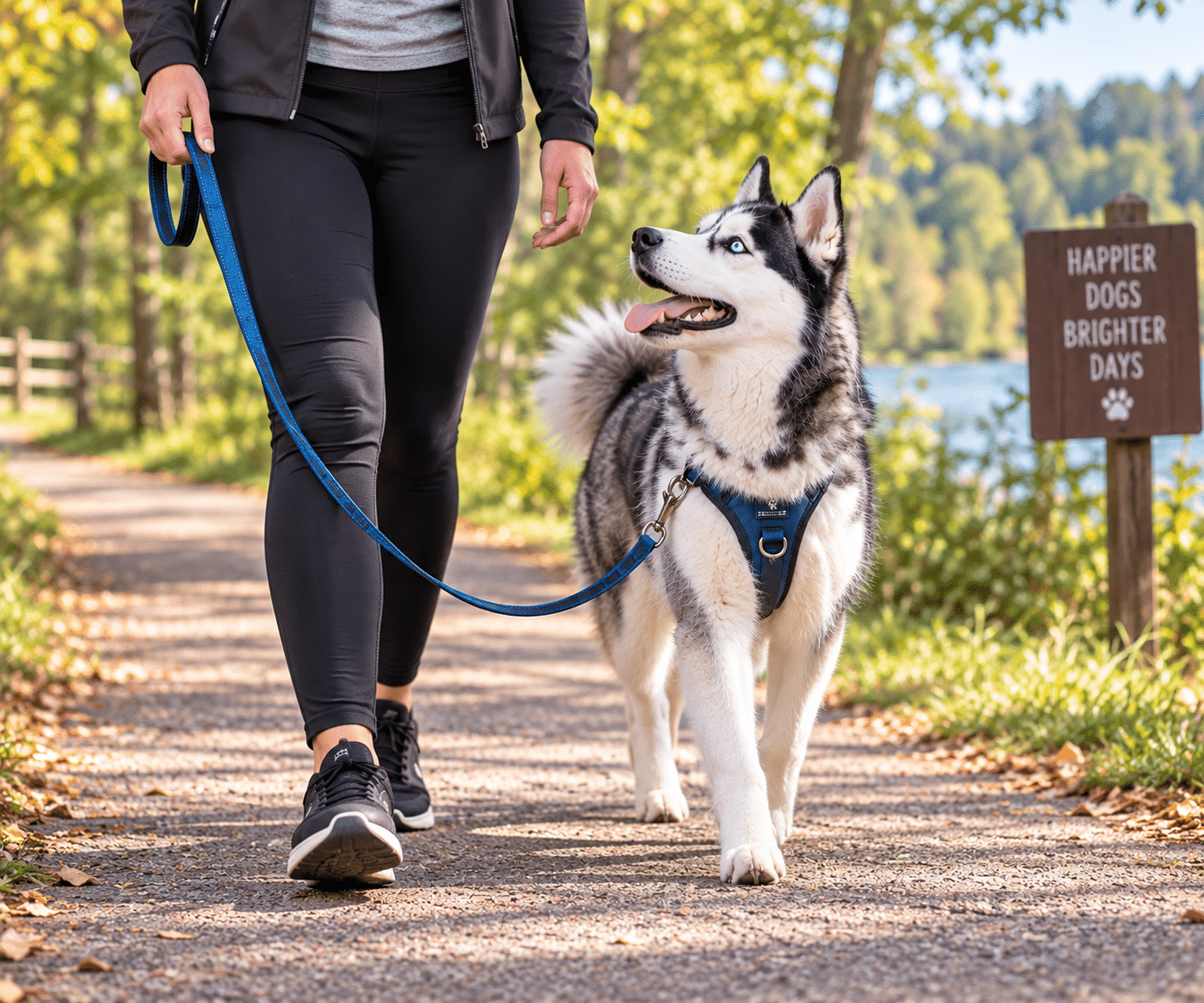 Owner practicing loose leash walking with Siberian Husky on a park trail