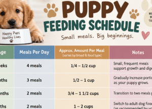 Puppy feeding schedule chart showing meals by age