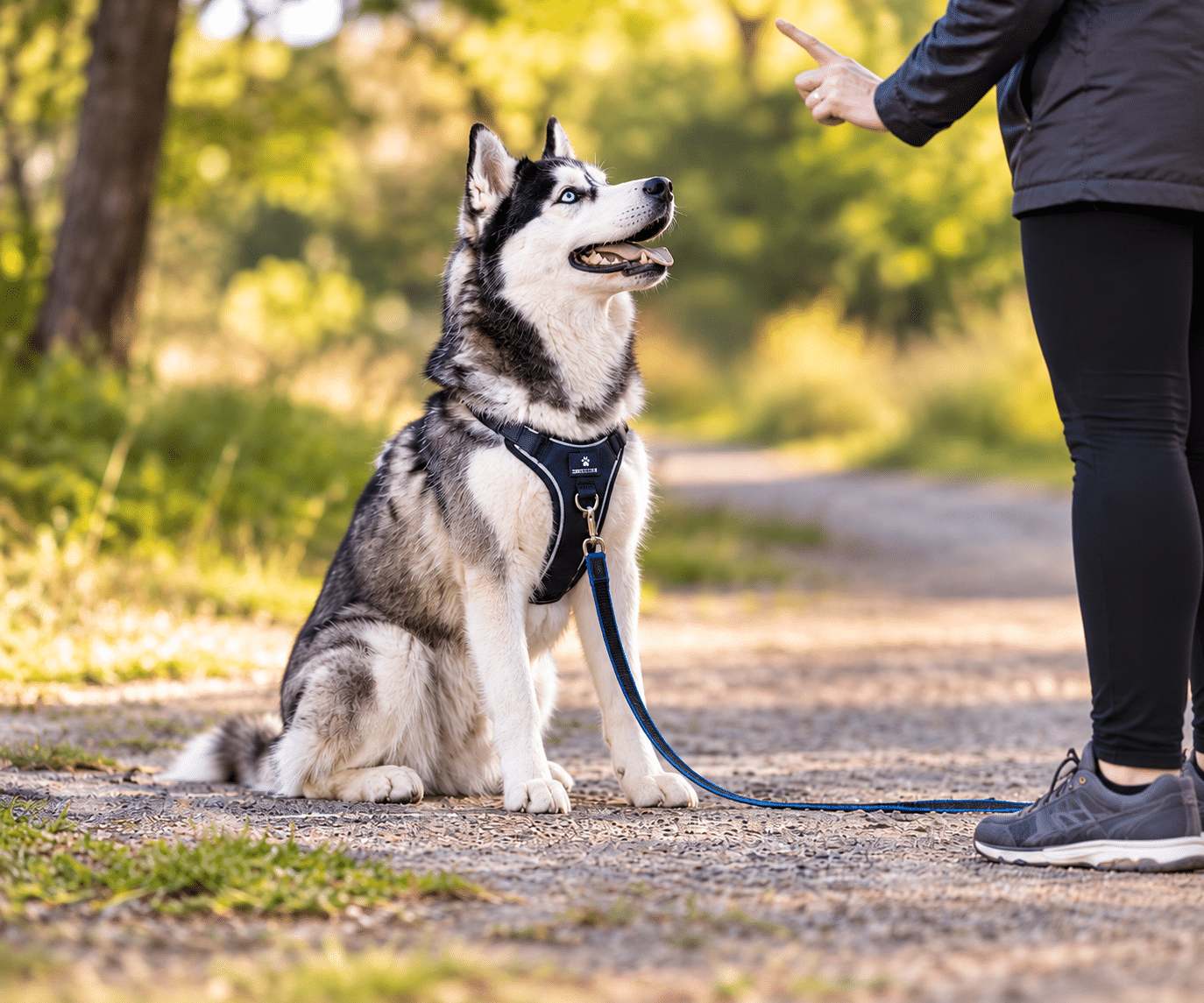 Owner practicing loose leash walking with Siberian Husky on a park trail